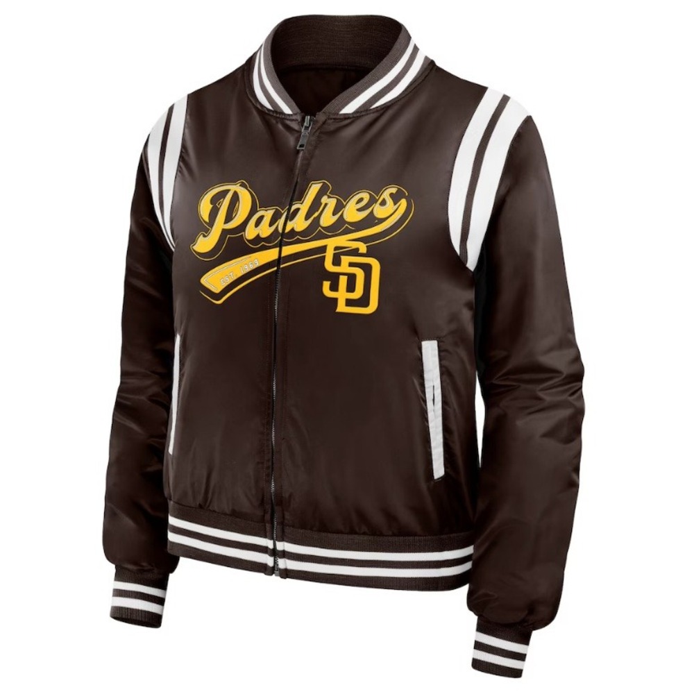 WEAR by Erin Andrews Brown San Diego Padres‎ Varsity Bomber Jacket Size XL NWT - Picture 2 of 5